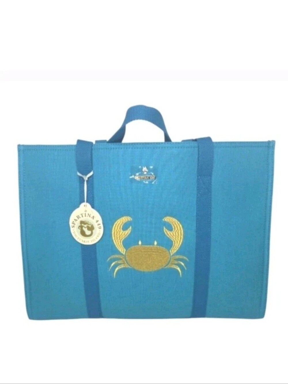 Spartina 449 Teal Canvas Carry All Tote Gold Metallic Embroidered Crab NWT